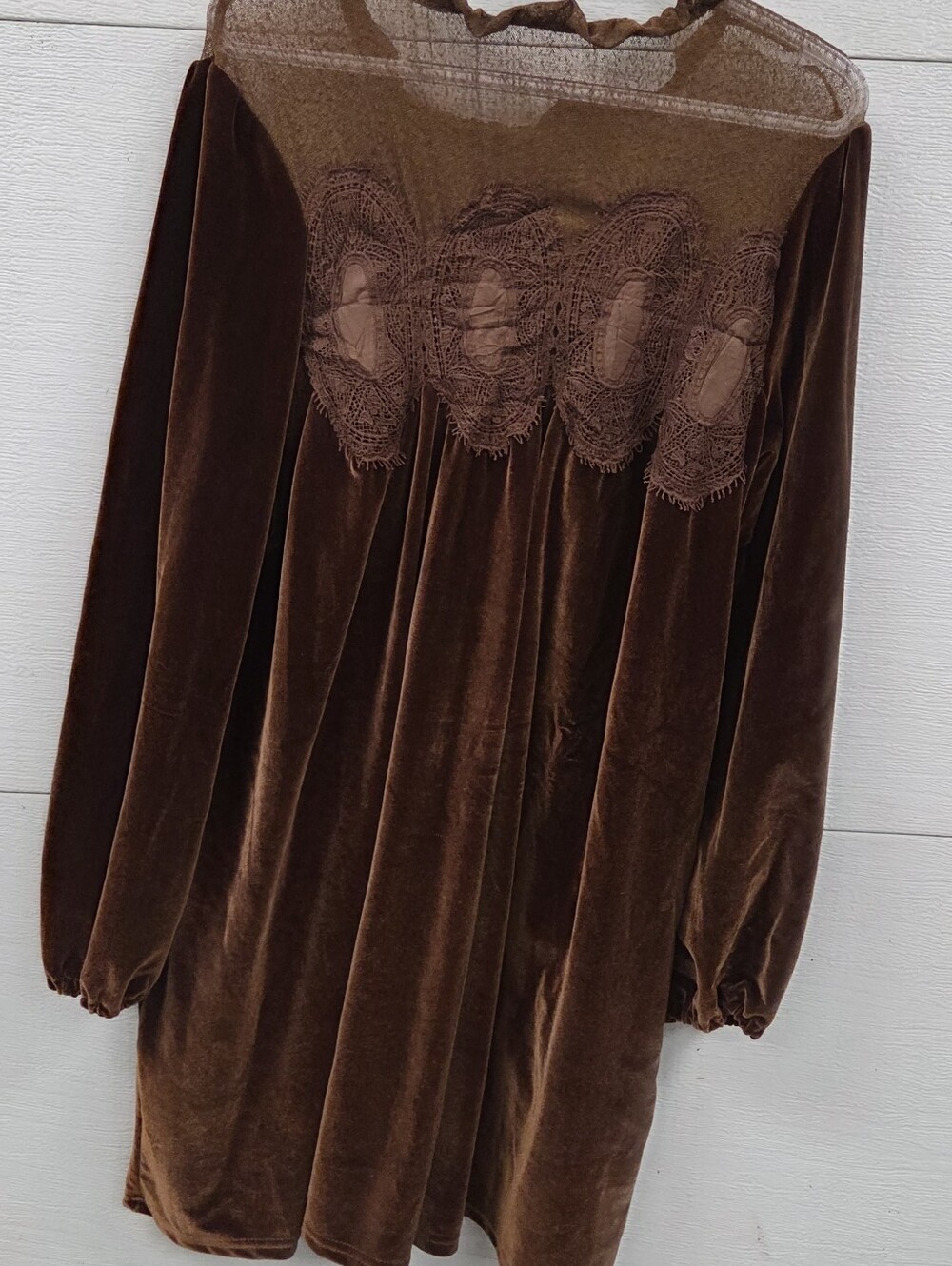 Brown Stretch Velvet Lace Yoke Mini Dress Medium - Picture 7 of 9